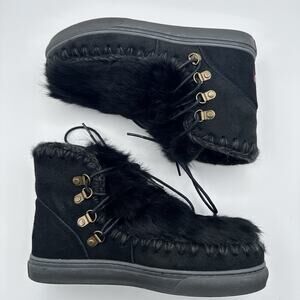 MOU Women’s Eskimo Sneakers Black Fur Lace Up Size 37 EU 6.5 US
